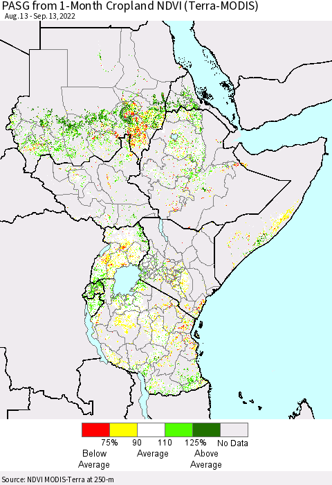 Eastern Africa PASG from 1-Month Cropland NDVI (Terra-MODIS) Thematic Map For 9/6/2022 - 9/13/2022