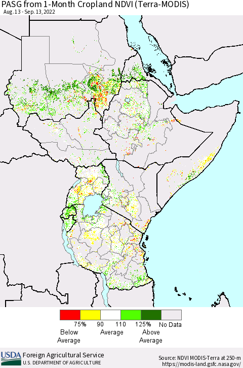 Eastern Africa PASG from 1-Month Cropland NDVI (Terra-MODIS) Thematic Map For 9/11/2022 - 9/20/2022