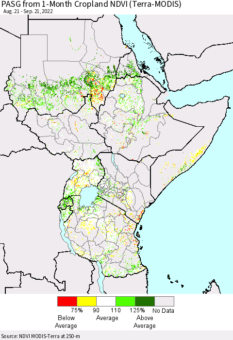Eastern Africa PASG from 1-Month Cropland NDVI (Terra-MODIS) Thematic Map For 9/14/2022 - 9/21/2022