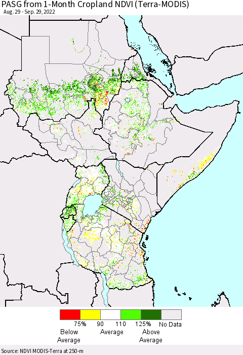 Eastern Africa PASG from 1-Month Cropland NDVI (Terra-MODIS) Thematic Map For 9/22/2022 - 9/29/2022