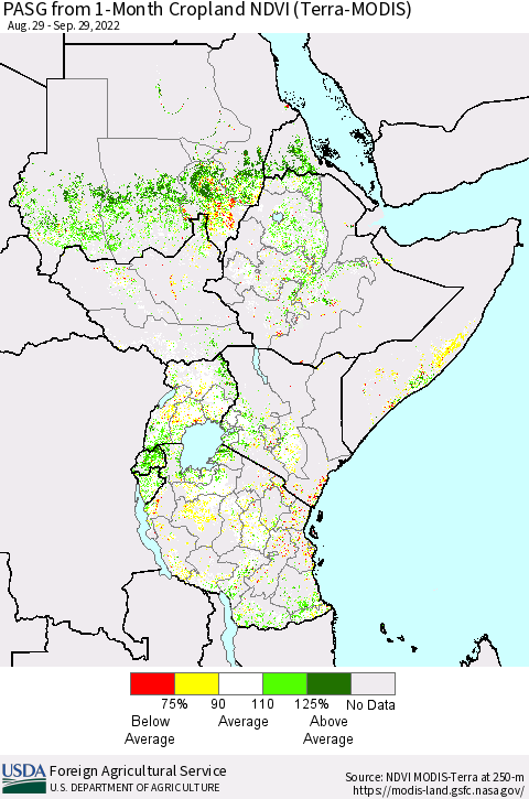 Eastern Africa PASG from 1-Month Cropland NDVI (Terra-MODIS) Thematic Map For 9/21/2022 - 9/30/2022
