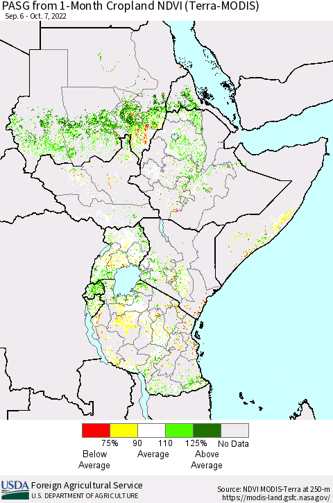Eastern Africa PASG from 1-Month Cropland NDVI (Terra-MODIS) Thematic Map For 10/1/2022 - 10/10/2022