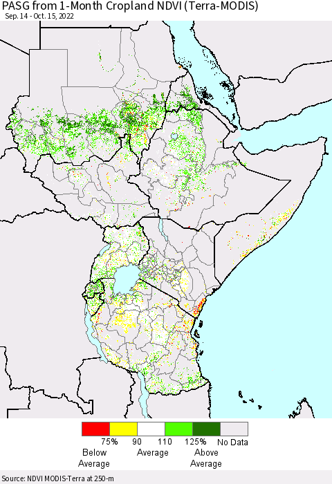 Eastern Africa PASG from 1-Month Cropland NDVI (Terra-MODIS) Thematic Map For 10/8/2022 - 10/15/2022