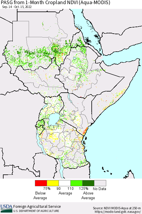 Eastern Africa PASG from 1-Month Cropland NDVI (Terra-MODIS) Thematic Map For 10/11/2022 - 10/20/2022