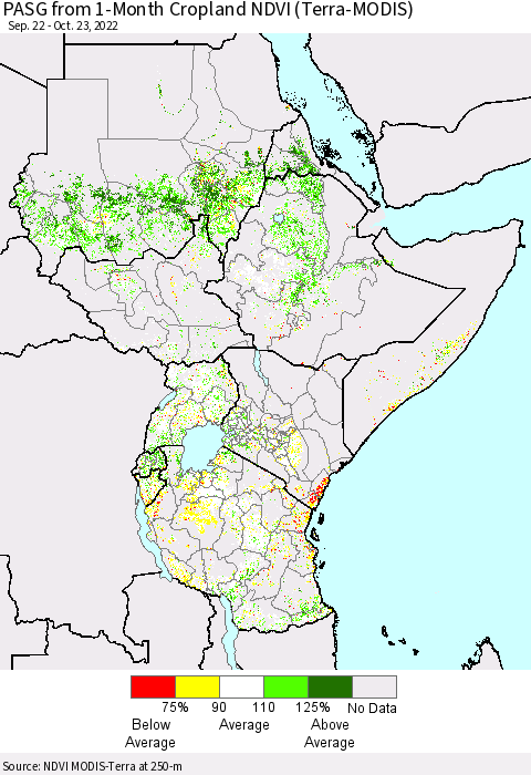 Eastern Africa PASG from 1-Month Cropland NDVI (Terra-MODIS) Thematic Map For 10/16/2022 - 10/23/2022