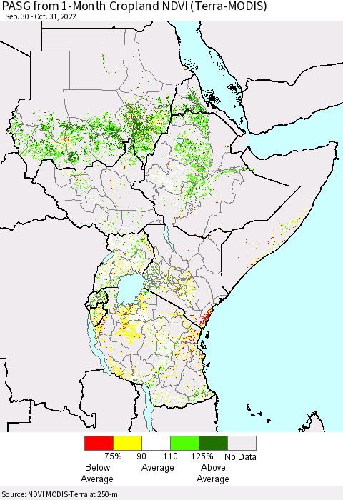 Eastern Africa PASG from 1-Month Cropland NDVI (Terra-MODIS) Thematic Map For 10/24/2022 - 10/31/2022