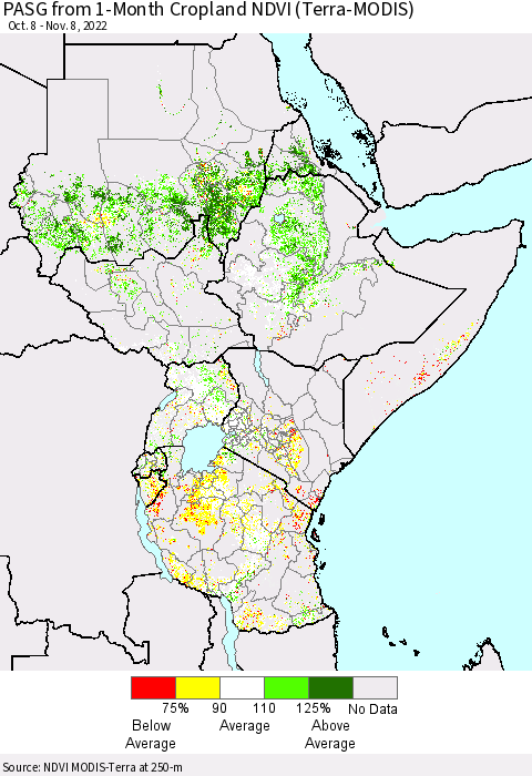 Eastern Africa PASG from 1-Month Cropland NDVI (Terra-MODIS) Thematic Map For 11/1/2022 - 11/8/2022