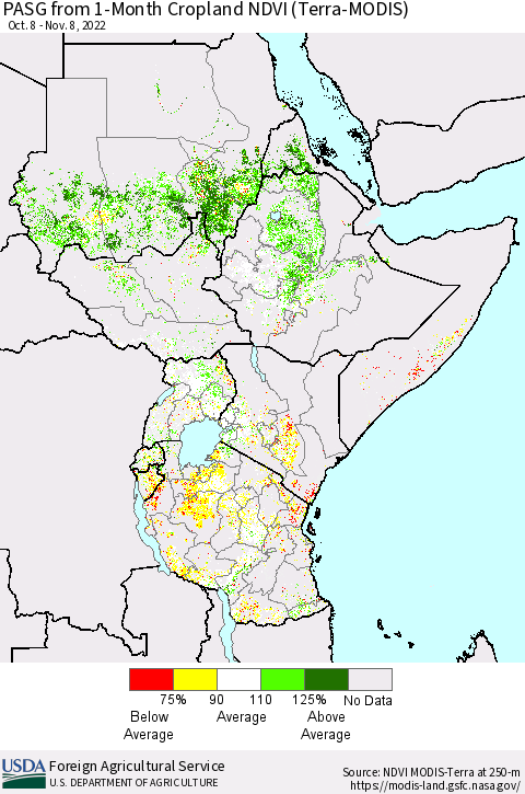 Eastern Africa PASG from 1-Month Cropland NDVI (Terra-MODIS) Thematic Map For 11/1/2022 - 11/10/2022