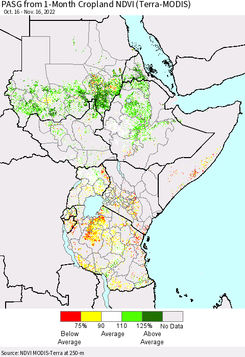 Eastern Africa PASG from 1-Month Cropland NDVI (Terra-MODIS) Thematic Map For 11/9/2022 - 11/16/2022