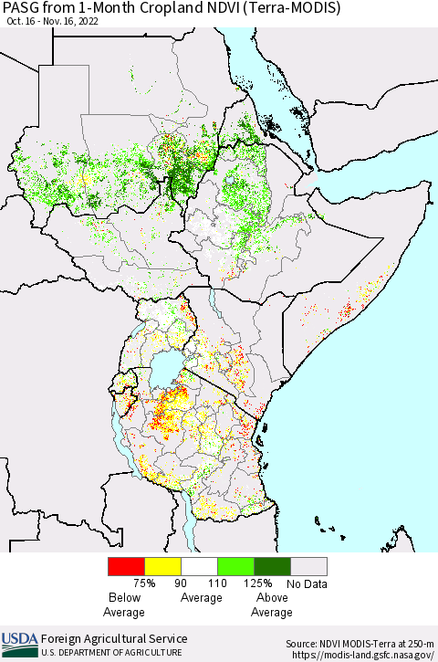 Eastern Africa PASG from 1-Month Cropland NDVI (Terra-MODIS) Thematic Map For 11/11/2022 - 11/20/2022