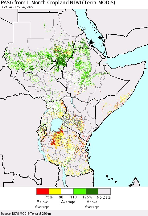 Eastern Africa PASG from 1-Month Cropland NDVI (Terra-MODIS) Thematic Map For 11/17/2022 - 11/24/2022