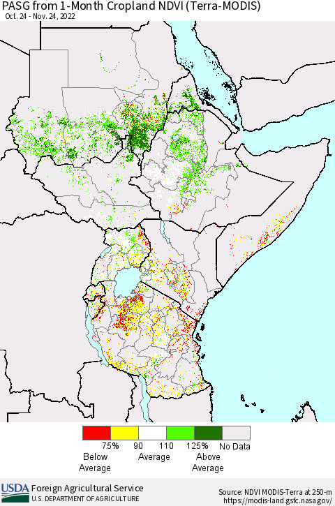 Eastern Africa PASG from 1-Month Cropland NDVI (Terra-MODIS) Thematic Map For 11/21/2022 - 11/30/2022