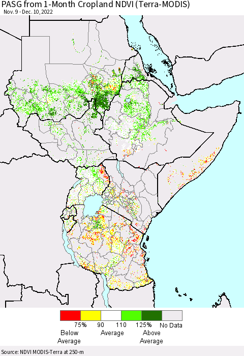 Eastern Africa PASG from 1-Month Cropland NDVI (Terra-MODIS) Thematic Map For 12/3/2022 - 12/10/2022