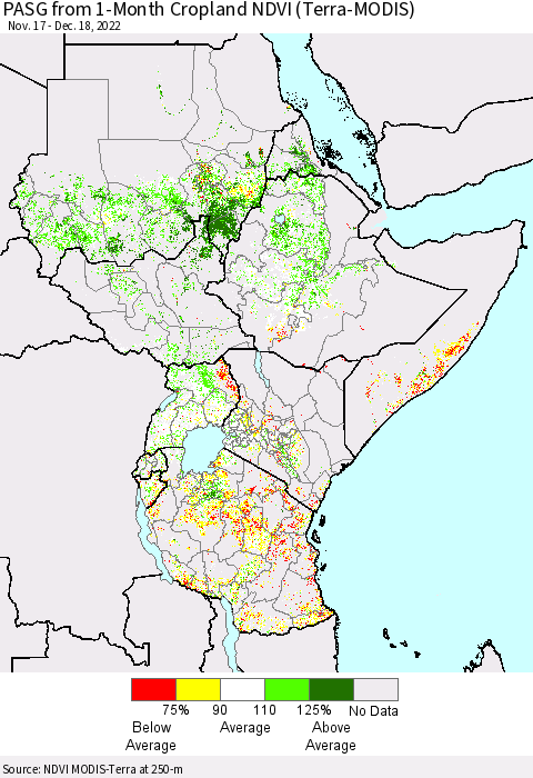 Eastern Africa PASG from 1-Month Cropland NDVI (Terra-MODIS) Thematic Map For 12/11/2022 - 12/18/2022