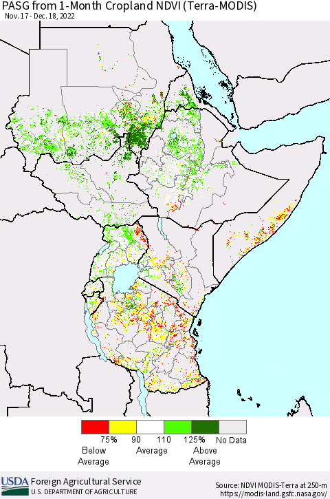 Eastern Africa PASG from 1-Month Cropland NDVI (Terra-MODIS) Thematic Map For 12/11/2022 - 12/20/2022