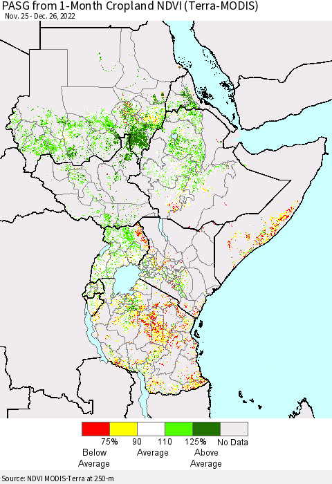 Eastern Africa PASG from 1-Month Cropland NDVI (Terra-MODIS) Thematic Map For 12/19/2022 - 12/26/2022