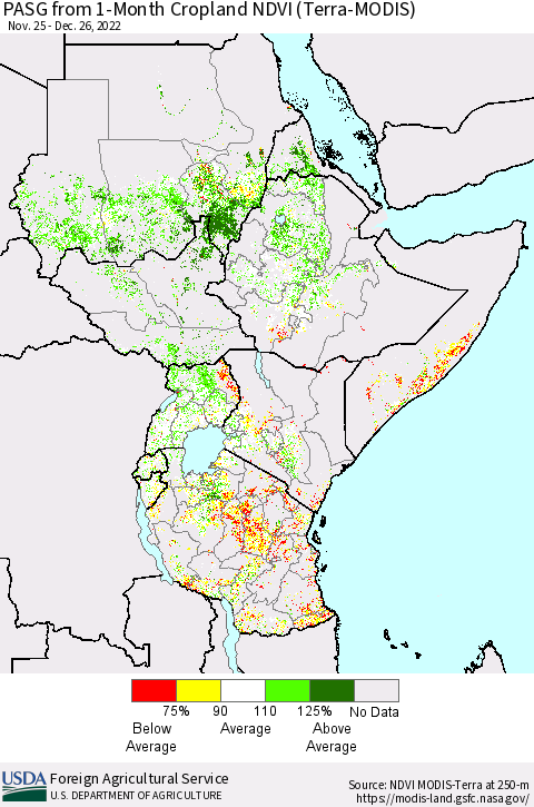Eastern Africa PASG from 1-Month Cropland NDVI (Terra-MODIS) Thematic Map For 12/21/2022 - 12/31/2022