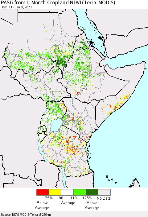 Eastern Africa PASG from 1-Month Cropland NDVI (Terra-MODIS) Thematic Map For 1/1/2023 - 1/8/2023