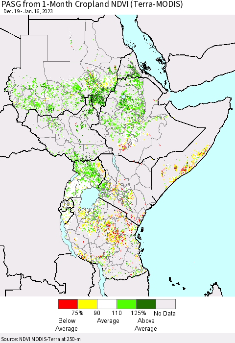 Eastern Africa PASG from 1-Month Cropland NDVI (Terra-MODIS) Thematic Map For 1/9/2023 - 1/16/2023
