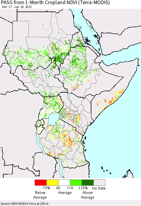 Eastern Africa PASG from 1-Month Cropland NDVI (Terra-MODIS) Thematic Map For 1/17/2023 - 1/24/2023