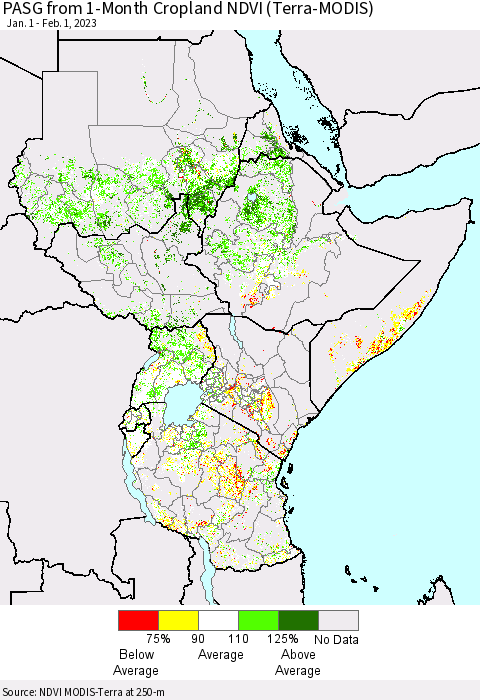 Eastern Africa PASG from 1-Month Cropland NDVI (Terra-MODIS) Thematic Map For 1/25/2023 - 2/1/2023