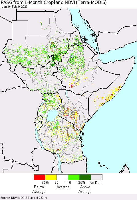 Eastern Africa PASG from 1-Month Cropland NDVI (Terra-MODIS) Thematic Map For 2/2/2023 - 2/9/2023