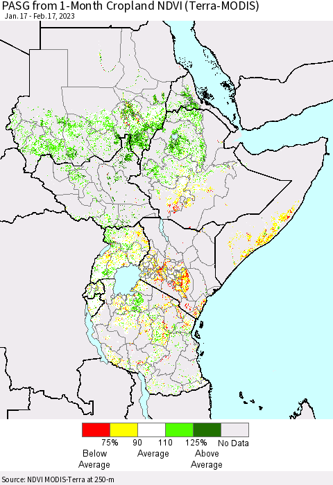 Eastern Africa PASG from 1-Month Cropland NDVI (Terra-MODIS) Thematic Map For 2/10/2023 - 2/17/2023