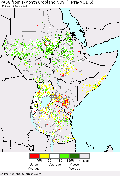 Eastern Africa PASG from 1-Month Cropland NDVI (Terra-MODIS) Thematic Map For 2/18/2023 - 2/25/2023