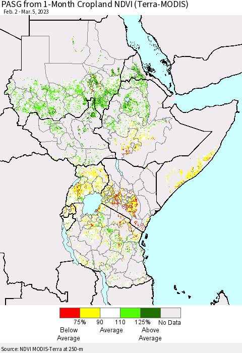 Eastern Africa PASG from 1-Month Cropland NDVI (Terra-MODIS) Thematic Map For 2/26/2023 - 3/5/2023