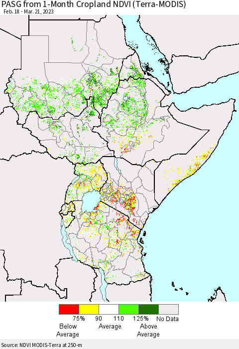 Eastern Africa PASG from 1-Month Cropland NDVI (Terra-MODIS) Thematic Map For 3/14/2023 - 3/21/2023