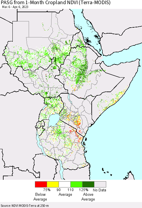 Eastern Africa PASG from 1-Month Cropland NDVI (Terra-MODIS) Thematic Map For 3/30/2023 - 4/6/2023