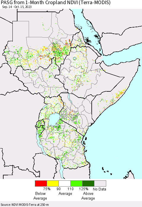 Eastern Africa PASG from 1-Month Cropland NDVI (Terra-MODIS) Thematic Map For 10/8/2023 - 10/15/2023