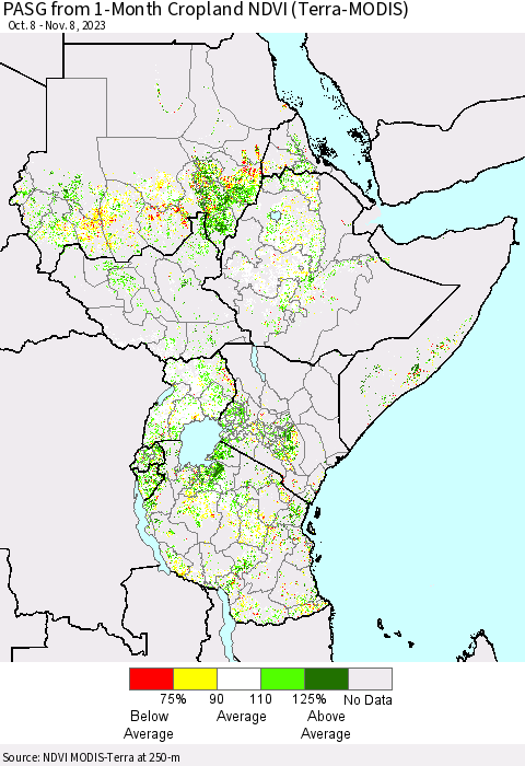 Eastern Africa PASG from 1-Month Cropland NDVI (Terra-MODIS) Thematic Map For 11/1/2023 - 11/8/2023