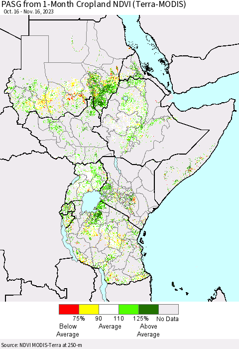 Eastern Africa PASG from 1-Month Cropland NDVI (Terra-MODIS) Thematic Map For 11/9/2023 - 11/16/2023