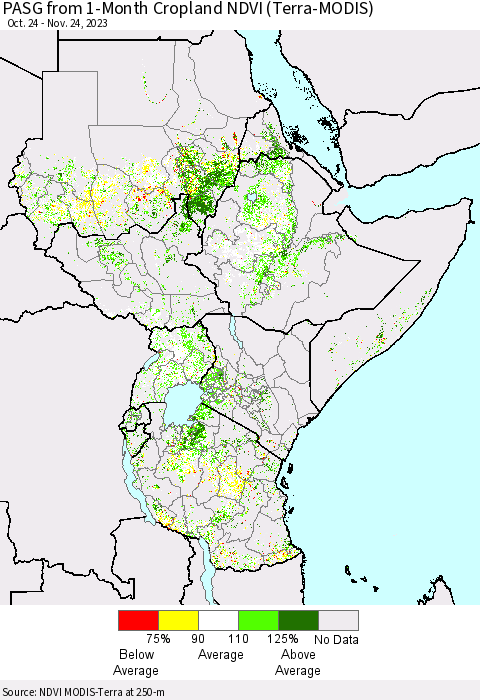 Eastern Africa PASG from 1-Month Cropland NDVI (Terra-MODIS) Thematic Map For 11/17/2023 - 11/24/2023