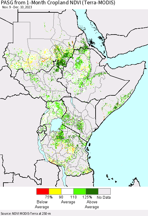 Eastern Africa PASG from 1-Month Cropland NDVI (Terra-MODIS) Thematic Map For 12/3/2023 - 12/10/2023