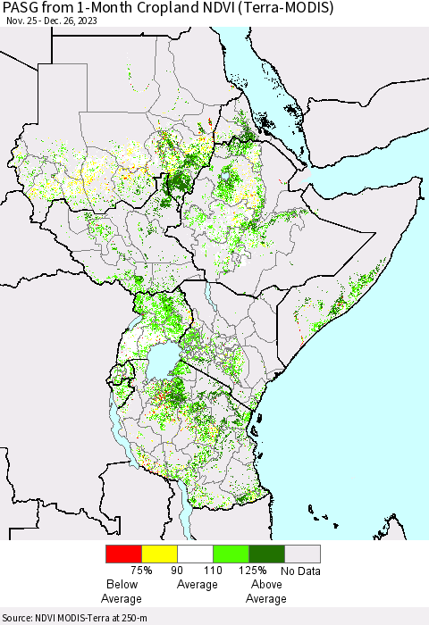 Eastern Africa PASG from 1-Month Cropland NDVI (Terra-MODIS) Thematic Map For 12/19/2023 - 12/26/2023