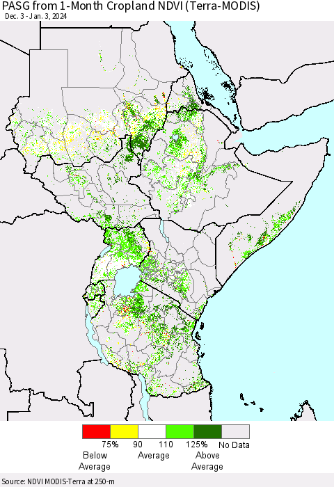 Eastern Africa PASG from 1-Month Cropland NDVI (Terra-MODIS) Thematic Map For 12/27/2023 - 1/3/2024
