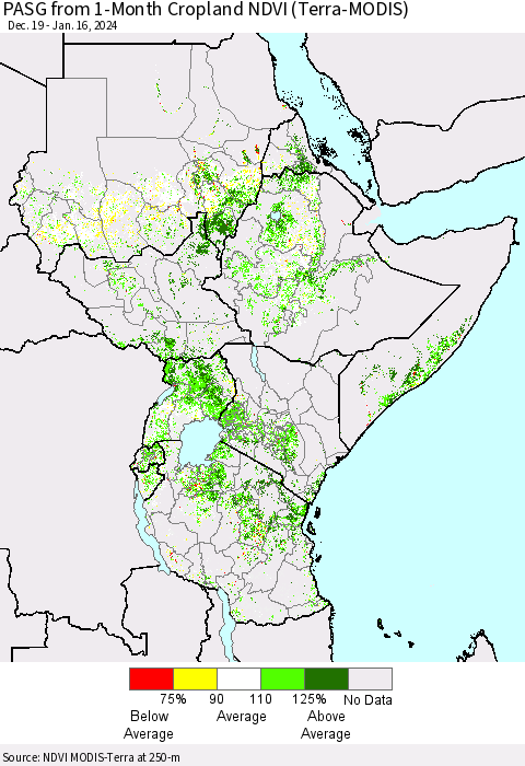 Eastern Africa PASG from 1-Month Cropland NDVI (Terra-MODIS) Thematic Map For 1/9/2024 - 1/16/2024