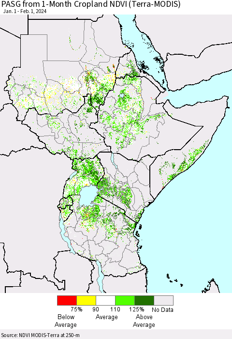 Eastern Africa PASG from 1-Month Cropland NDVI (Terra-MODIS) Thematic Map For 1/25/2024 - 2/1/2024
