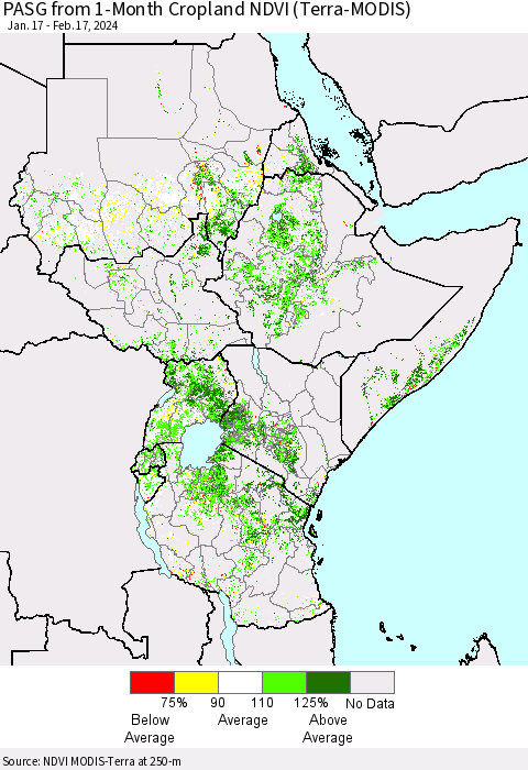 Eastern Africa PASG from 1-Month Cropland NDVI (Terra-MODIS) Thematic Map For 2/10/2024 - 2/17/2024