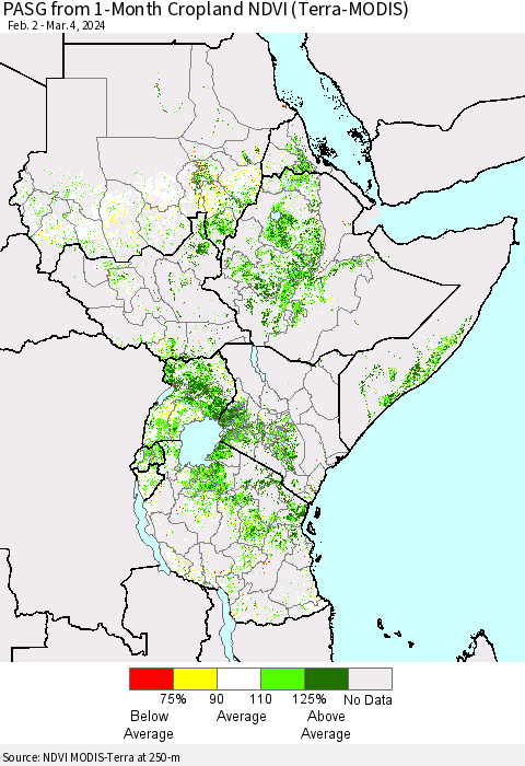 Eastern Africa PASG from 1-Month Cropland NDVI (Terra-MODIS) Thematic Map For 2/26/2024 - 3/4/2024