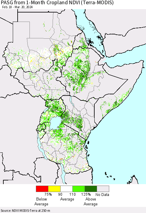 Eastern Africa PASG from 1-Month Cropland NDVI (Terra-MODIS) Thematic Map For 3/13/2024 - 3/20/2024