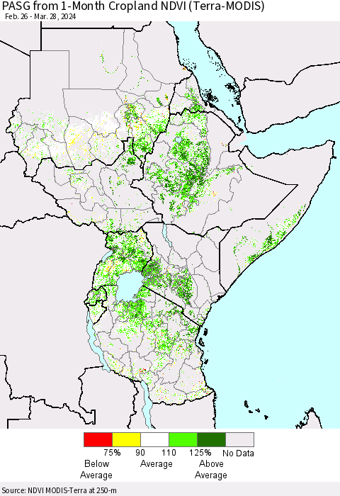Eastern Africa PASG from 1-Month Cropland NDVI (Terra-MODIS) Thematic Map For 3/21/2024 - 3/28/2024