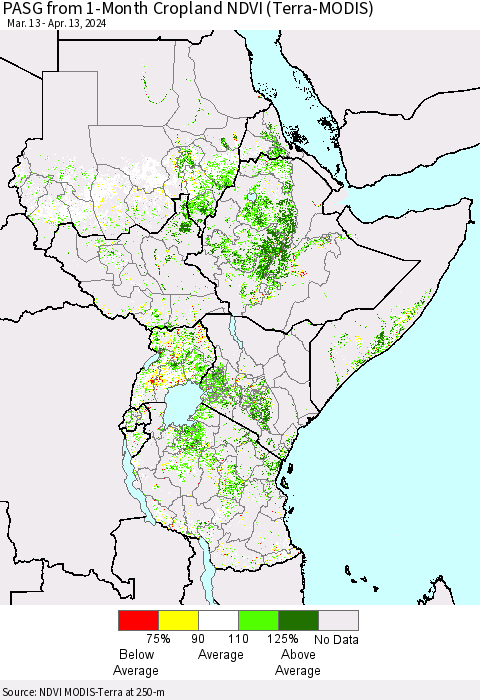 Eastern Africa PASG from 1-Month Cropland NDVI (Terra-MODIS) Thematic Map For 4/6/2024 - 4/13/2024