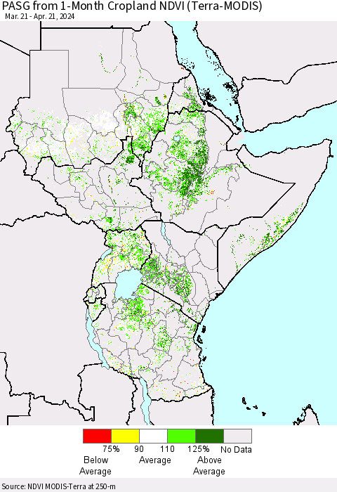 Eastern Africa PASG from 1-Month Cropland NDVI (Terra-MODIS) Thematic Map For 4/14/2024 - 4/21/2024