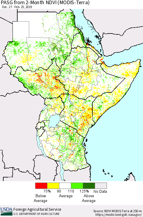 Eastern Africa PASG from 2-Month NDVI (Terra-MODIS) Thematic Map For 2/21/2019 - 2/28/2019