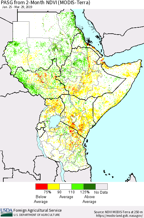 Eastern Africa PASG from 2-Month NDVI (Terra-MODIS) Thematic Map For 3/21/2019 - 3/31/2019