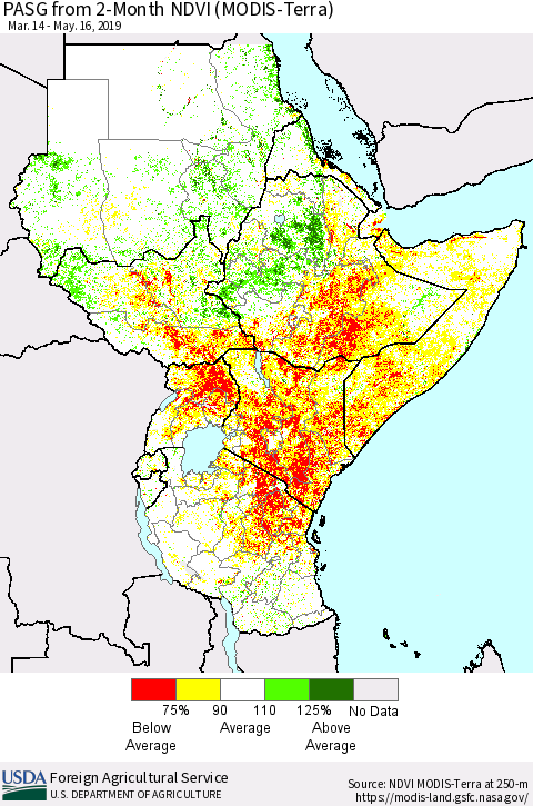 Eastern Africa PASG from 2-Month NDVI (Terra-MODIS) Thematic Map For 5/11/2019 - 5/20/2019