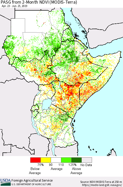 Eastern Africa PASG from 2-Month NDVI (Terra-MODIS) Thematic Map For 6/21/2019 - 6/30/2019